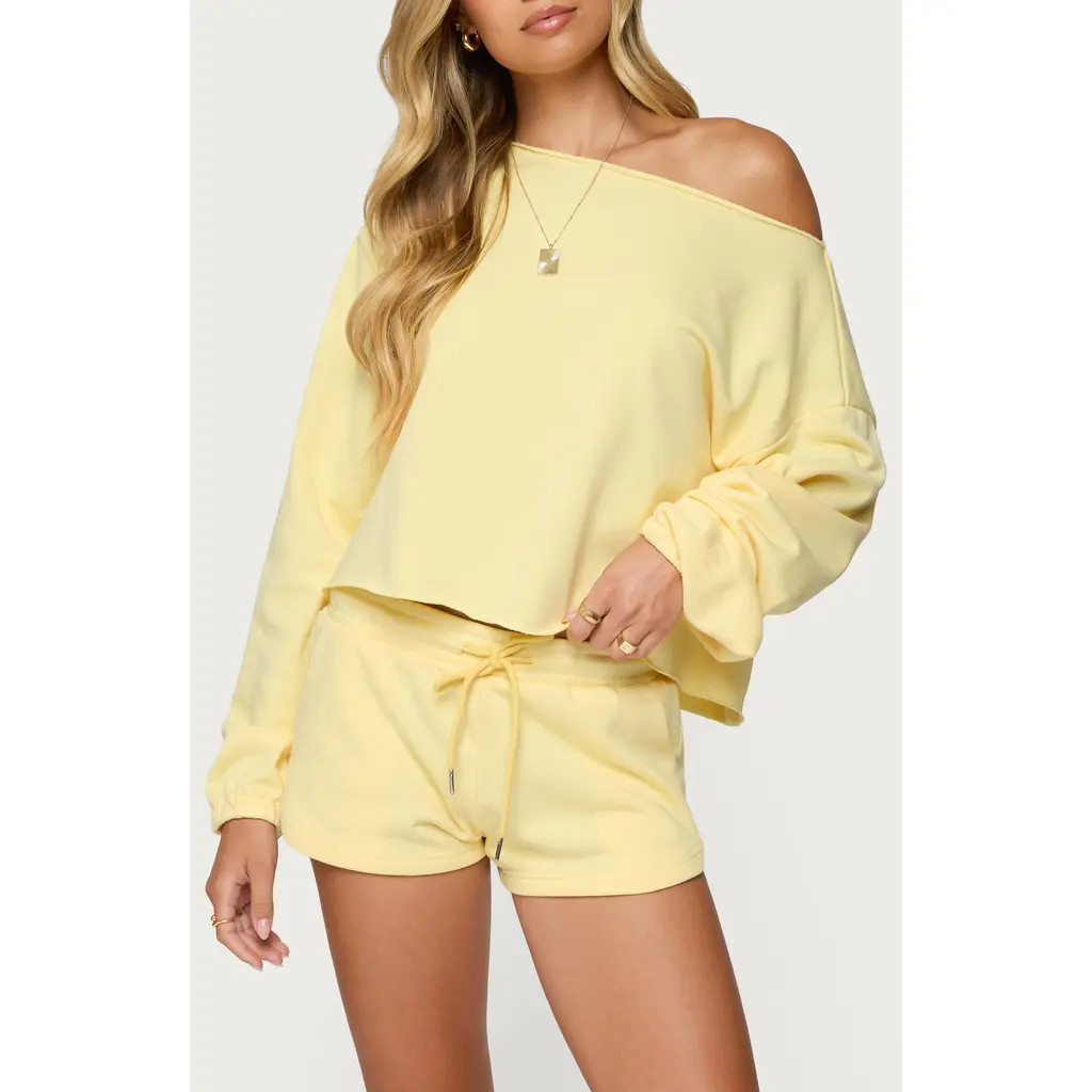 EDIKTED Kordelia One-Shoulder Sweatshirt in Yellow at Nordstrom, Size Large | Nordstrom