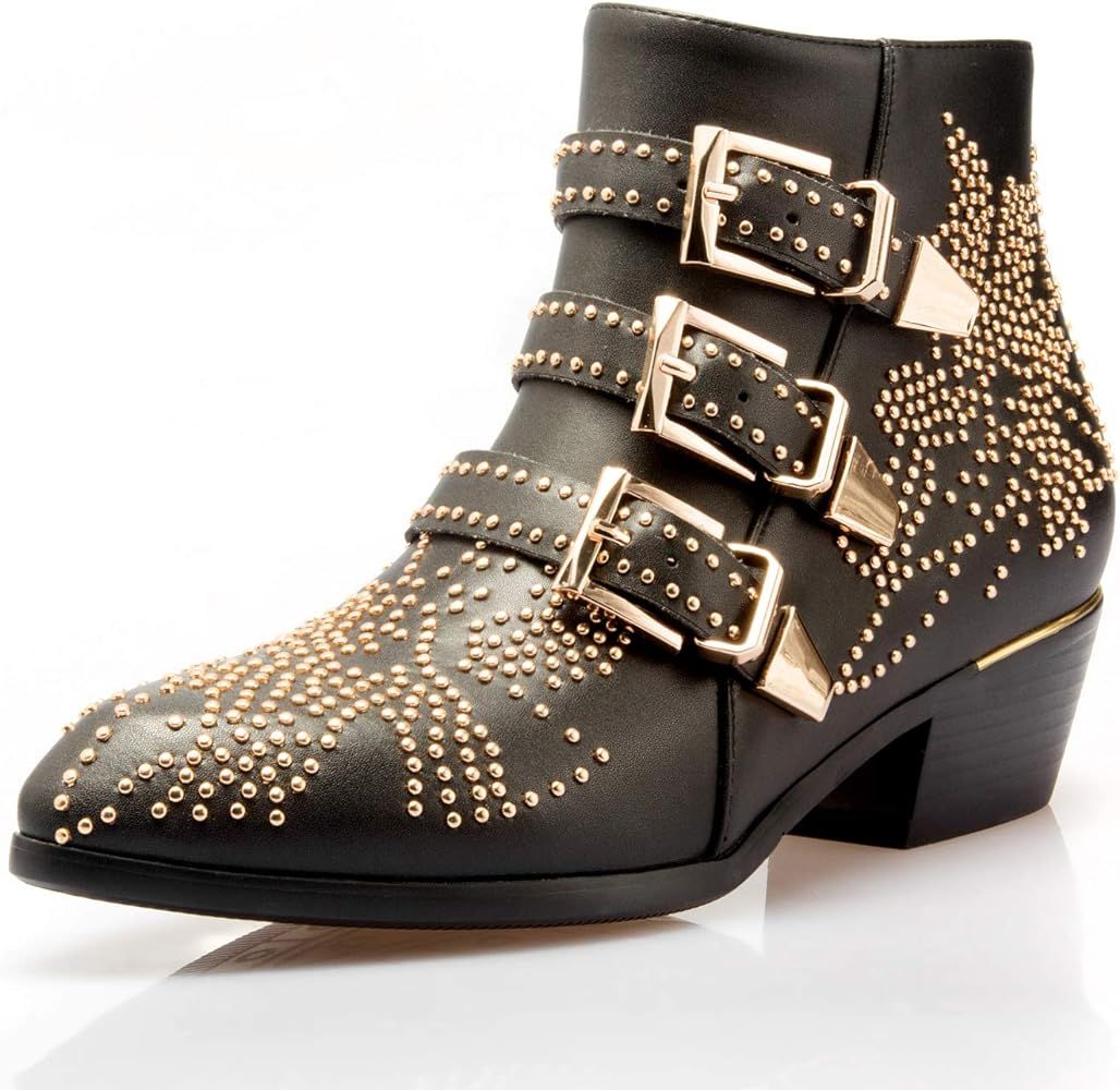 Comfity Boots for women, Women's Leather Booties Rivets Studded Shoes Metal Buckle Low Heels Ankle B | Amazon (US)
