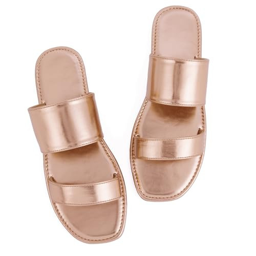 katliu Women's Flat Sandals Two Strap Slide Sandals Open Toe Rose Gold 5.5 | Amazon (US)