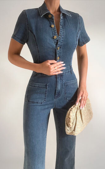 Silvena Jumpsuit - Short Sleeve Flared Denim Jumpsuit in Indigo Wash | Showpo (ANZ)