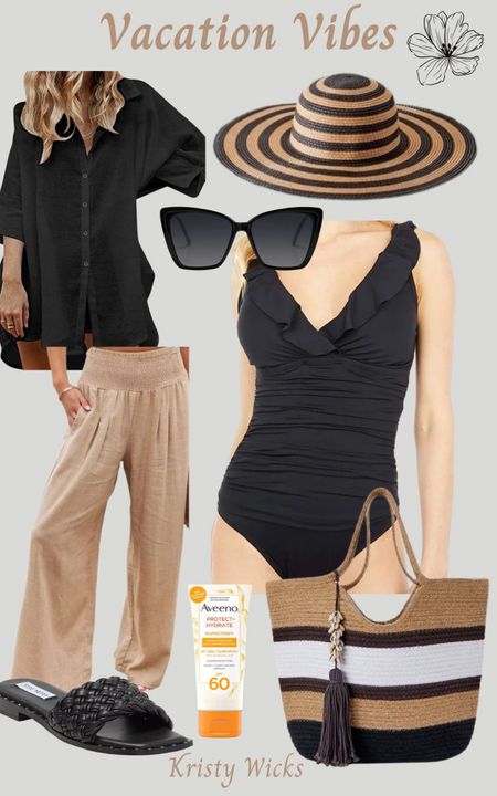 Getting excited for my vacation! Found great pieces for my trip ☀️ 
This swimsuit is perfect for me and love the slimming ruching in the tummy area, $119 👏👏👏

All the fun accessories to go with the suit are under $50. Striped straw hat $48, long shirt coverup $25.99, oversized sunglasses $17 😎, wide leg pants $18.82, super cute tote on sale for $10 🙌 and adorable slide sandals on sale $49.97 originally $79.95🩴

Enjoy the warm weather with these  great finds! 

#LTKunder50 #LTKunder100 #LTKswim