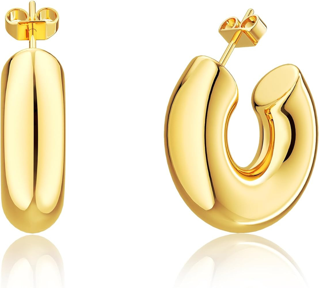 Moodear Trendy Chunky Hoop Earrings for Women - Dainty 14K Gold Plated Thinck Open Hoops Hypoalle... | Amazon (US)