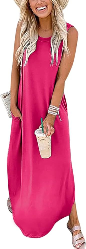 Prinbara Women's Casual Loose Summer Long Dress Sleeveless Split Beach Maxi Dresses with Pockets | Amazon (US)