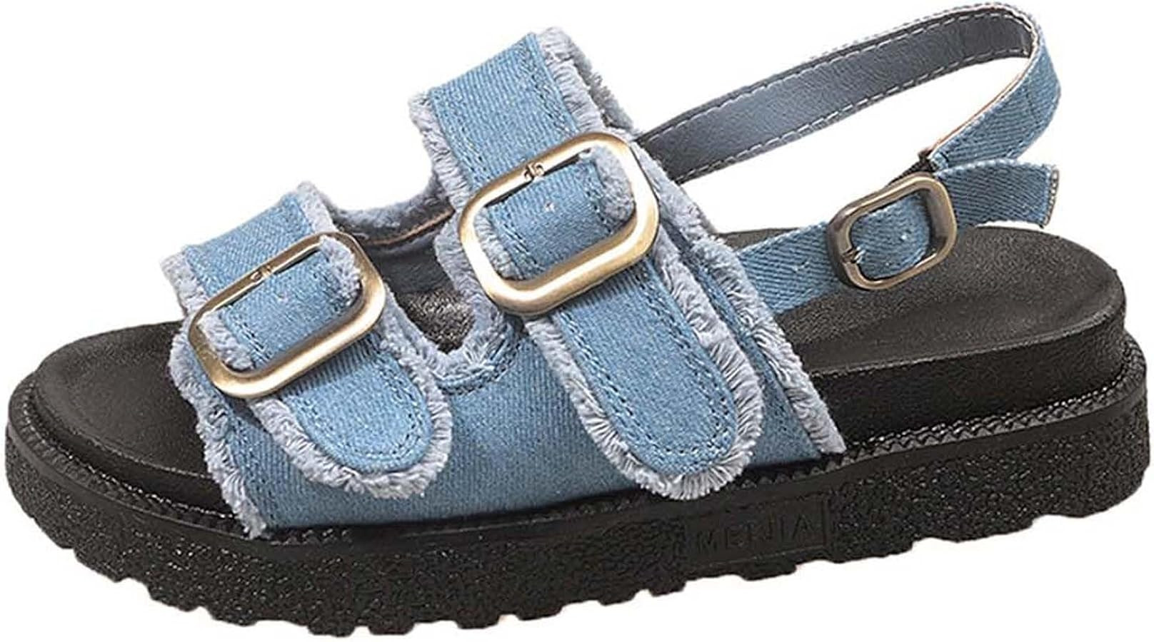 Women Canvas Denim Platform Sandal Summer Comfortable Sandals Open Toe Sandals Double Buckle Stra... | Amazon (UK)