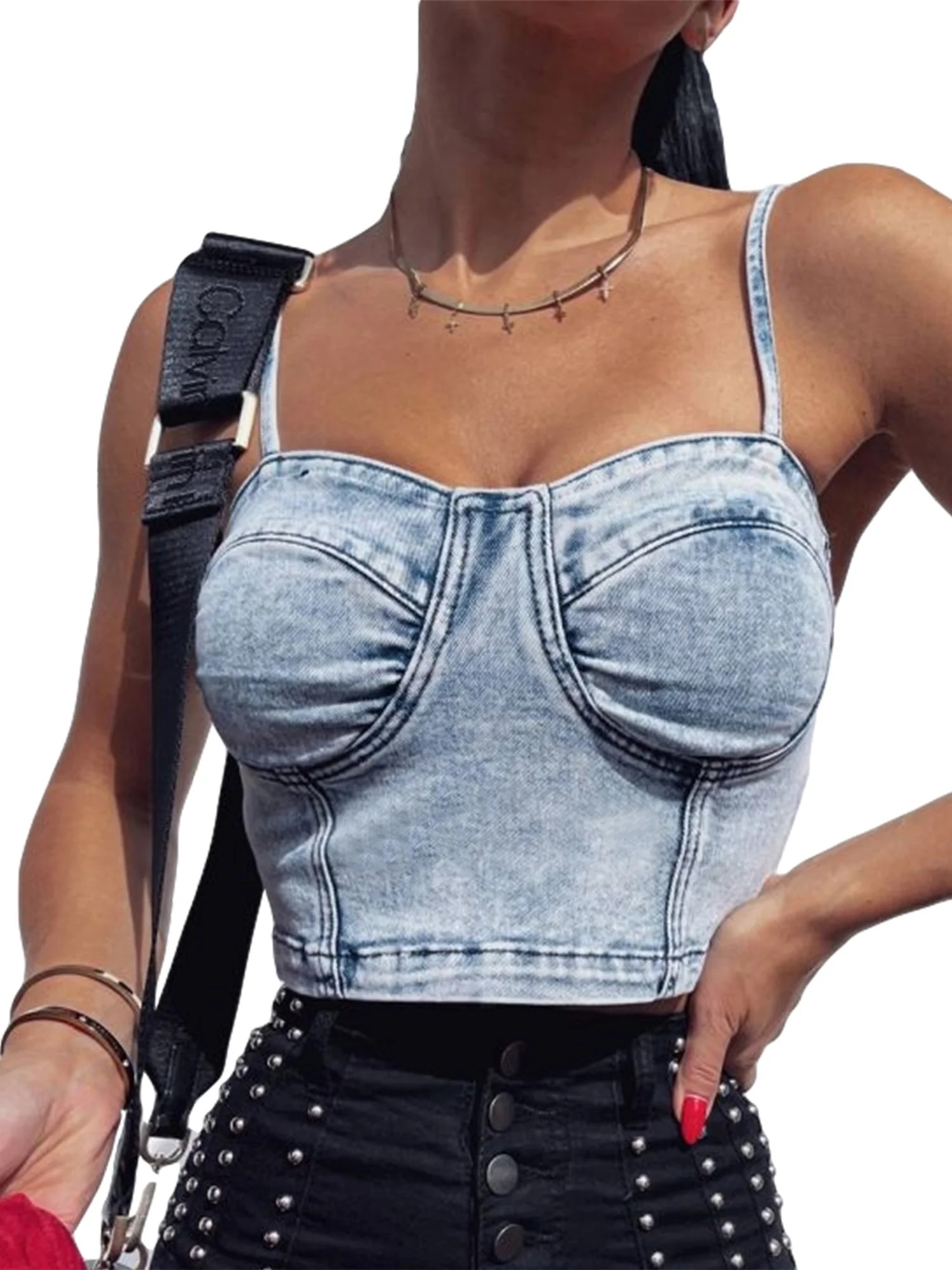 Women Denim Bustier Crop Top Jeans Push Up Corset Camisole Top with Adjustable Straps | Walmart (US)