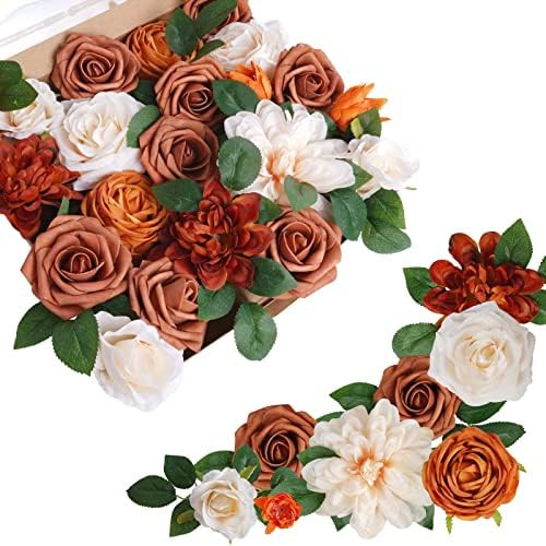 Fall Roses Artificial Flowers Combo Box Set Orange White Fake Flowers DIY Wedding Bouquets Center... | Amazon (US)