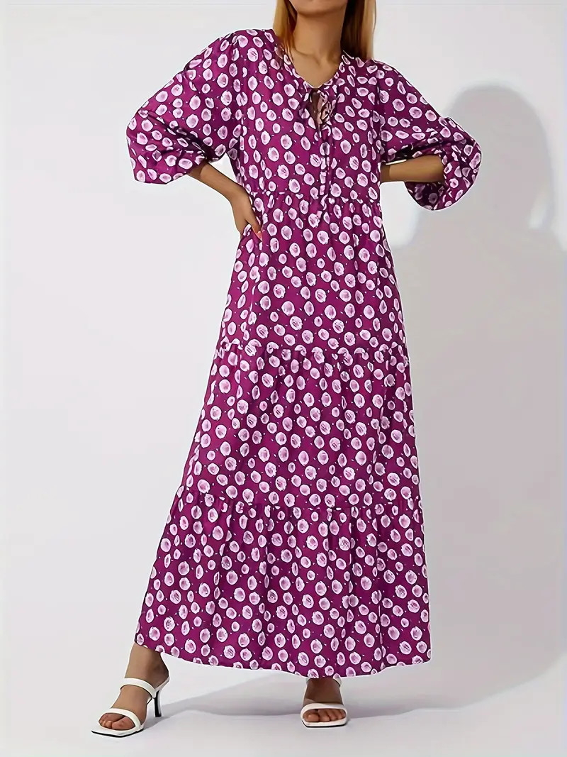 Allover Print Tie Neck Loose Dress Vacation Long Sleeve - Temu | Temu Affiliate Program