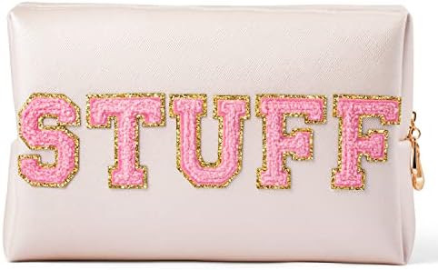 Preppy Patch Stuff Varsity Letter Makeup Bag Sewn with Pink Chenille Letter PU Leather Waterproof... | Amazon (US)