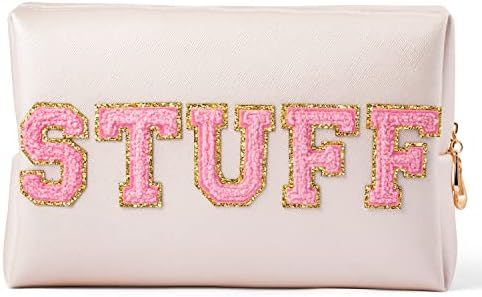Y1tvei Preppy Patch Stuff Varsity Letter Makeup Bag Sewn with Pink Chenille Letter PU Leather Wat... | Amazon (US)