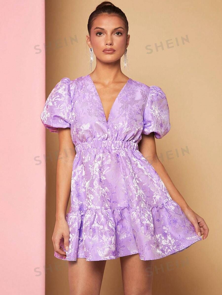 SHEIN Haute Floral Jacquard Puff Sleeve Dress | SHEIN
