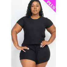 Plus Size Ribbed Short Sleeve Top&Shorts Set | SHEIN