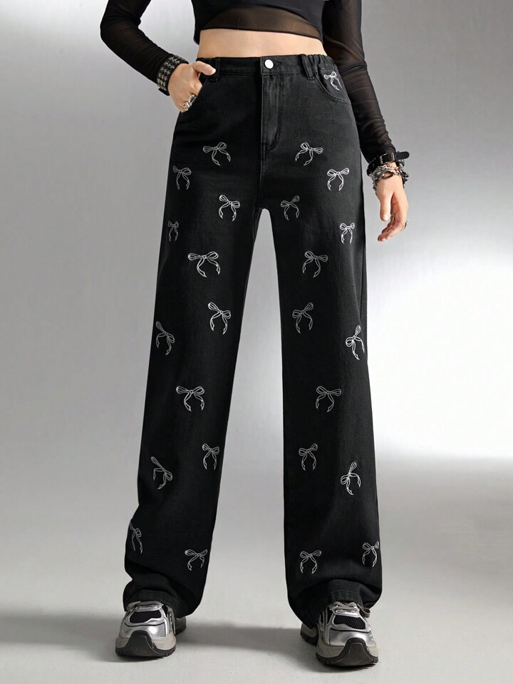 SHEIN Streecool Kids Teen Girls' Embroidered Butterfly & Bowknot Design Loose Fit Casual Denim St... | SHEIN