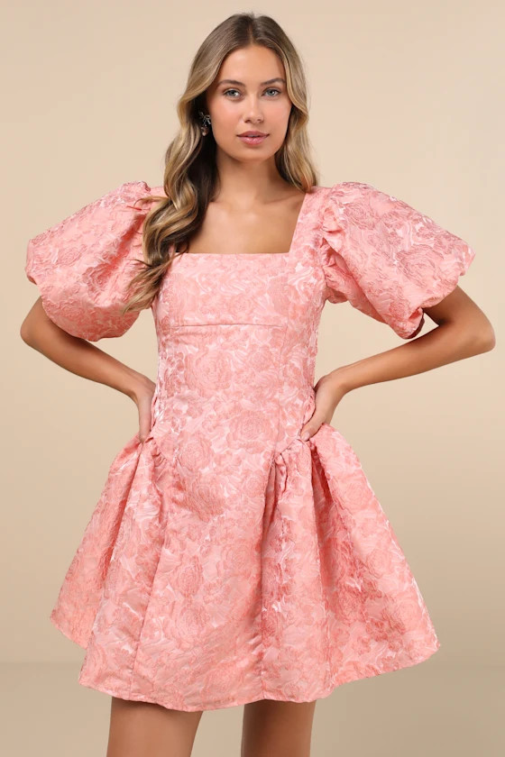 Recital Pink Jacquard Floral Puff Sleeve Mini Dress | Lulus