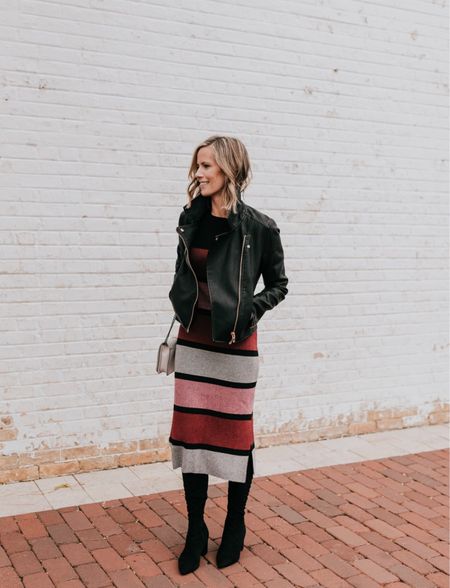 Favorite fall outfit. I love this striped dress and motorcycle jacket currently 25% off. 

#LTKstyletip #LTKbeauty #LTKSeasonal