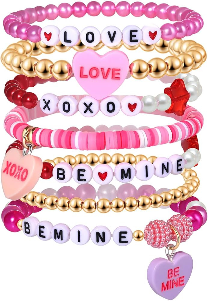 Beaded Heishi Hot Pink Bracelet Stackable Valentine's Day Beaded XOXO Love Heart Charm Stretch Br... | Amazon (US)