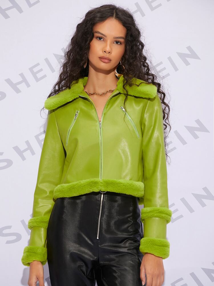SHEIN Contrast Fuzzy Zipper Up PU Leather Jacket | SHEIN