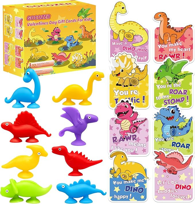 32 Pack Valentines Day Gifts for Kids Classroom with Dinosaurs Suction Cup Toys, Dinosaur Valenti... | Amazon (US)