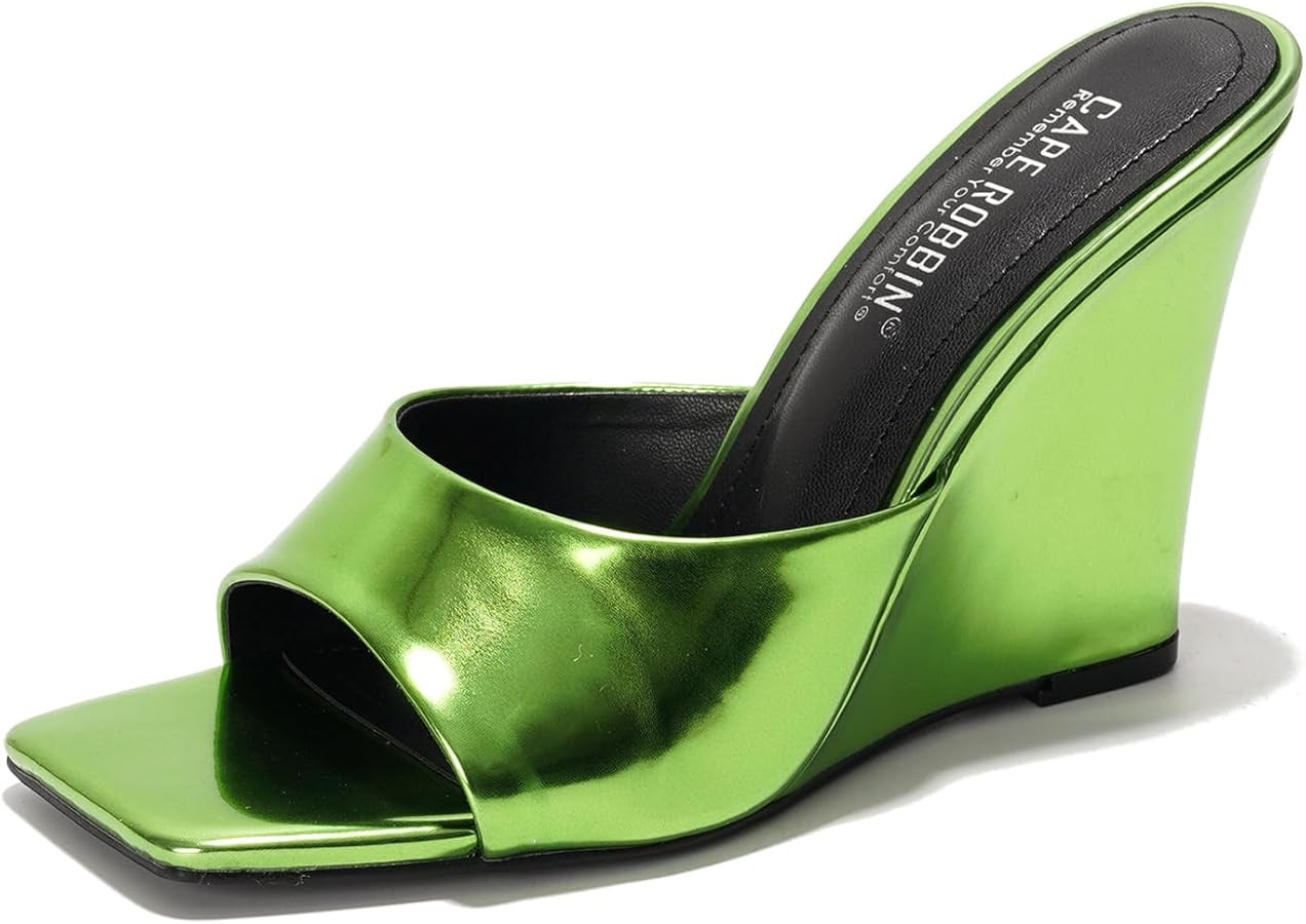Cape Robbin Women's Metallic Slip-On Wedge Heels with Square Toe - 3.75 Inch Chunky Block Heels f... | Amazon (US)