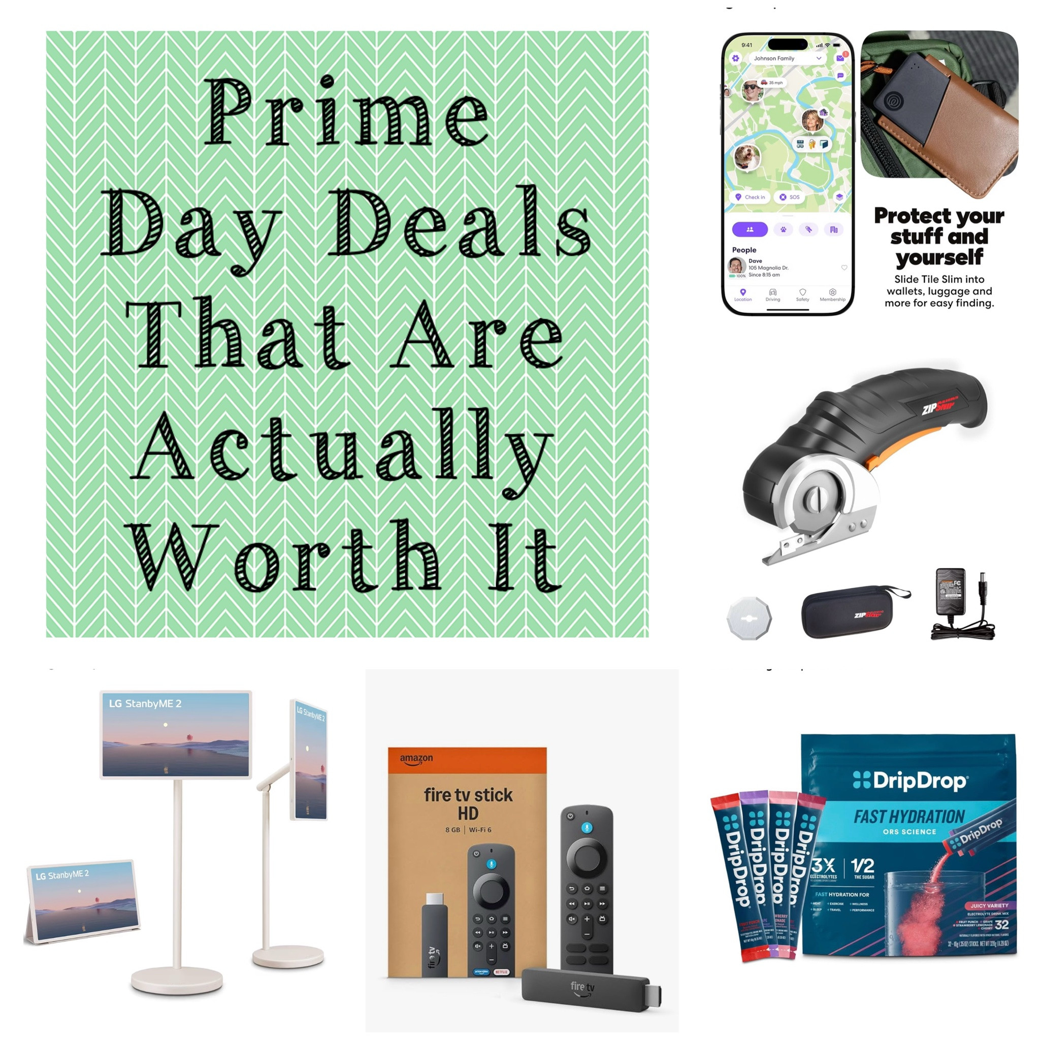 Prime Day Deals That Are Actually Worth It — A Roundup:

1. Life360 Tile Slim (20% off): Works as a wallet/phone finder, Bluetooth tracker, and bag/luggage locator. I like it better than the Apple AirTag. I also REALLY like the safety feature of sending a quiet SOS alert with your location to family/friends if you’re in an unsafe situation.

2. Amazon Fire Stick (50% OFF ‼️): It’s a top seller for a reason. You can sync it to the TV wherever you are; I always travel with mine to sync it to the TV in my hotel room.

3. WORX ZipSnip Cordless Electric Scissors (15% off): These are the best for quickly breaking down boxes AND cutting them into small enough pieces to fit in your recycling. They’re also excellent as fabric scissors, or really for cutting any material that regular scissors or box-cutters won’t easily get through.

4. DripDrop Hydration Packets (40% off): The OG hydration packets that we always go back to. They’re not too sweet and don’t have a bitter stevia aftertaste.

5. LG 27-inch Portable Touch Screen TV ($200 off ‼️): This is really useful for any time you need two screens or just want one that’s easily portable. It can connect to other devices with a USB or HDMI and has a touch screen — great for kids, teachers, or giving presentations. It can be wheeled from room to room on its stand, and it’s also travel-friendly because the stand is detachable and foldable! Has come in SO handy for us when babysitting our nephew or projecting a double-screen for work.

#LTKSaleAlert #LTKHome #LTKdayinmylife