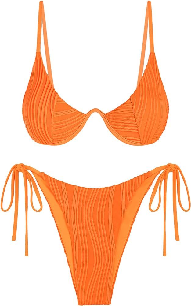 ZAFUL Women's Bikini Sets Ribbed Two Piece Swimsuits Underwire Adjustable Back Clasp Bathing Suit Si | Amazon (US)