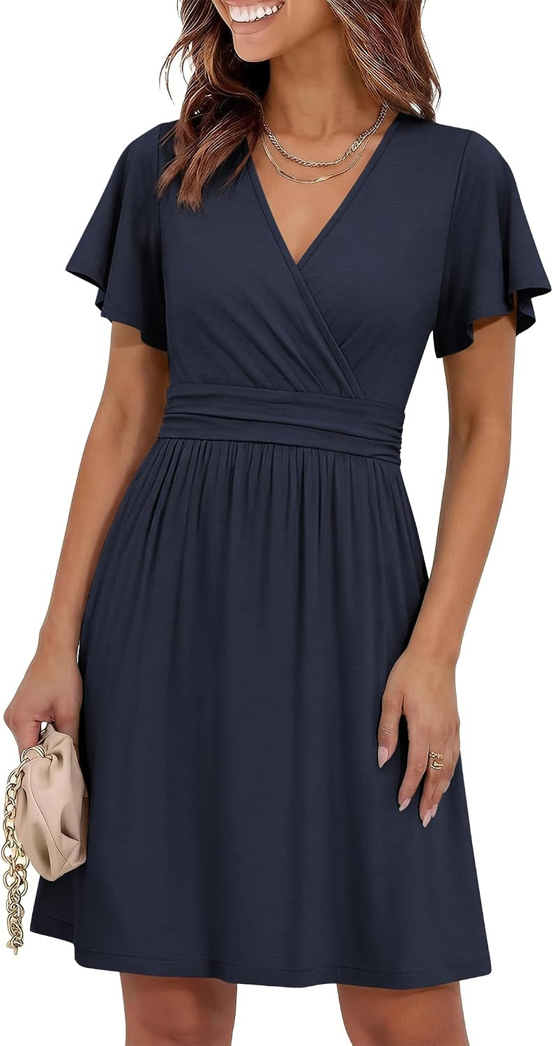 Prinbara Womens Summer Casual Dresses Short Sleeve Wrap V Neck Floral Wedding Guest Short Dress 2026 Beach Vacation Clothes | Amazon (US)