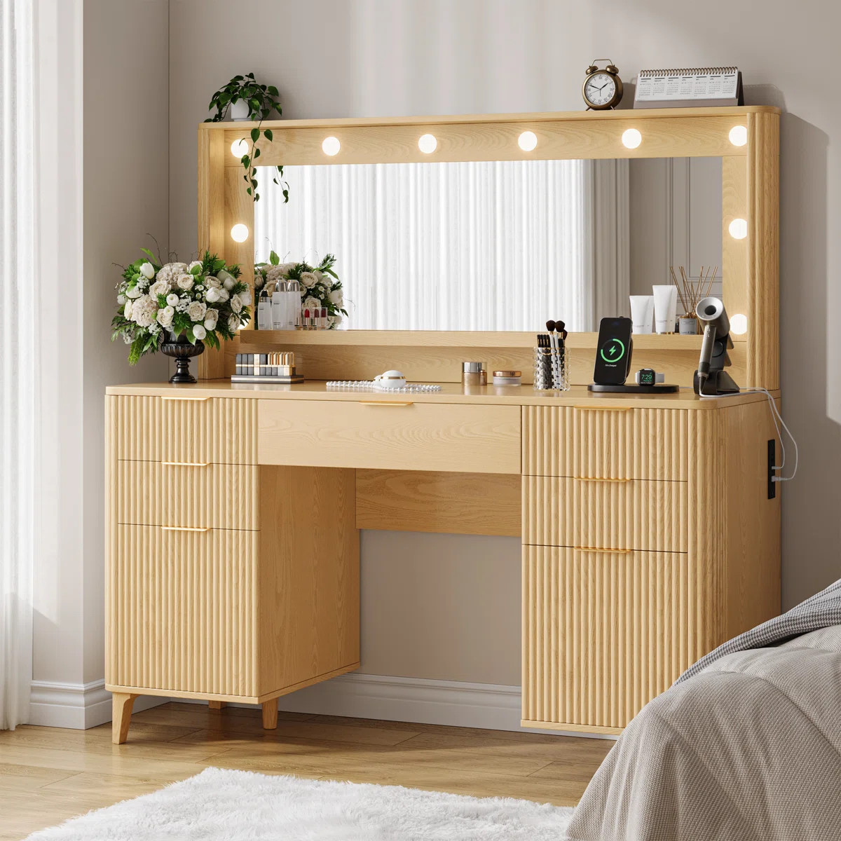 Fluted Makeup Vanity Desk With Large 39.3" Mirror And Lights | Wayfair North America