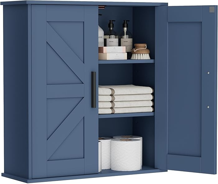 Bathroom Wall Cabinet, Over Toilet Storage Cabinet with Barn Doors and Adjustable Shelves, 3-Tier... | Amazon (US)