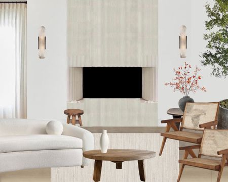 Formal neutral living room 
#flutedwall #romanclay #scone #organicmodern #boucle #accentchair #coffeetable #firplace 

#LTKhome #LTKstyletip #LTKunder100