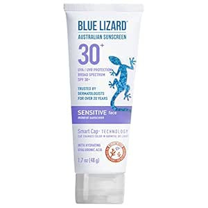 Blue Lizard SENSITIVE FACE Mineral Sunscreen with Zinc Oxide and Hydrating Hyaluronic Acid, SPF 3... | Amazon (US)