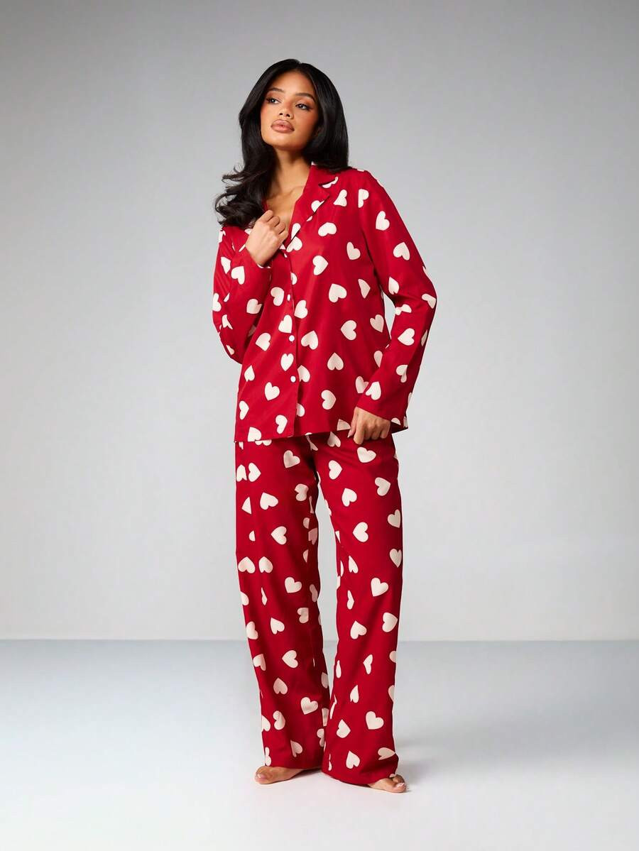 MISSGUIDED Heart Print Button Up Long Sleeve Pajama Set Sleepwear Loungewear Nightwear Valentine ... | SHEIN