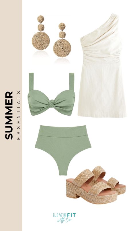 Dive into summer with these must-have essentials! Make a splash with a chic green bikini paired with a classy one-shoulder dress. Accentuate your sunny look with natural, textured earrings and complete it with breezy, strappy sandals. Perfect for beach days or poolside lounging, these picks will keep you stylish and comfortable all season long! #SummerReady #BeachChic #SwimwearStyle #SummerAccessories #SeasonalMustHaves #LiveFitWithEm

#LTKstyletip #LTKswim #LTKSeasonal