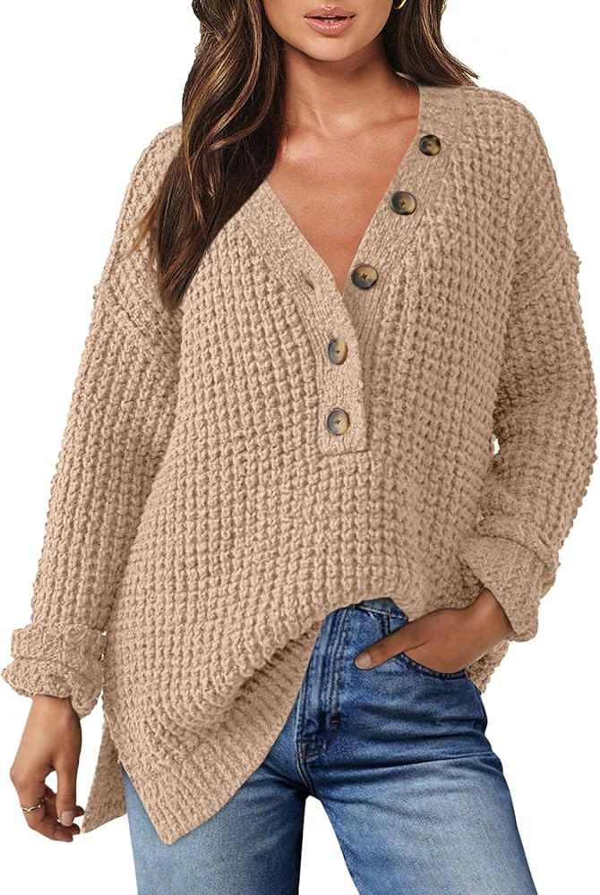 ANRABESS Women's Oversized Sweaters Long Sleeve Loose V Neck Button Henley Tops Side Slit Pullove... | Amazon (US)