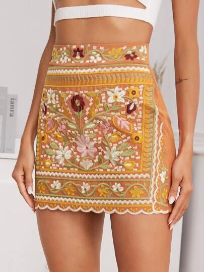 Scallop Hem Tribal Embroidery Skirt | SHEIN