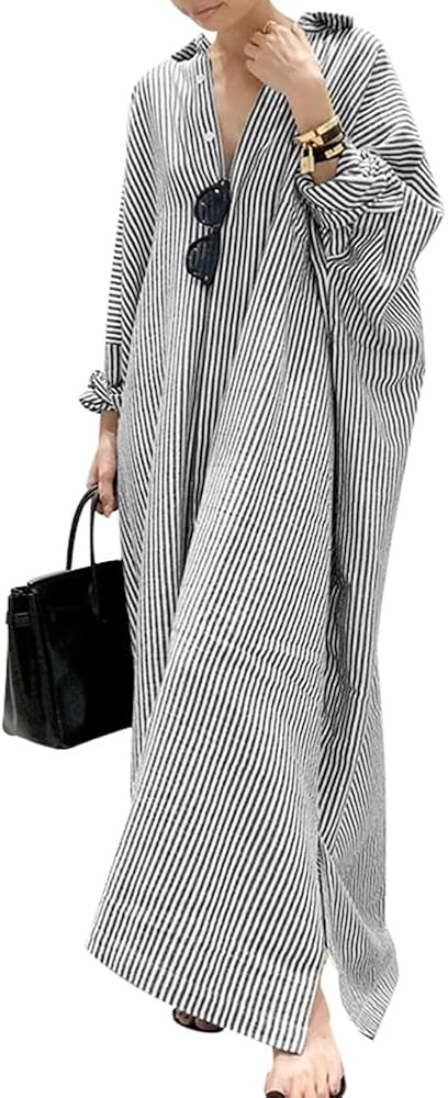 chouyatou Women's Casual Long Sleeve Button Down Loose Striped Cotton Maxi Shirt Dress | Amazon (US)