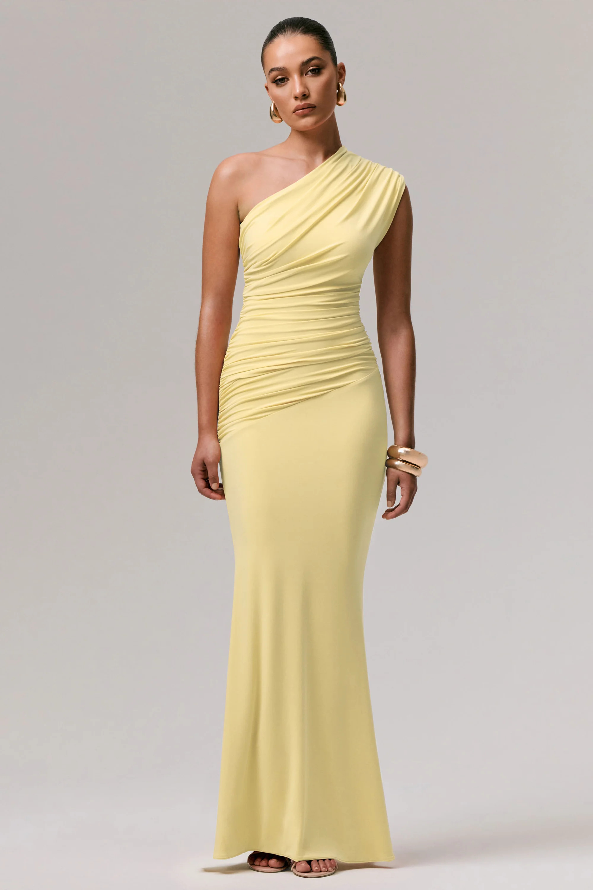 Mardi | Lemon Asymmetric Maxi Dress With Ruching | Club L London