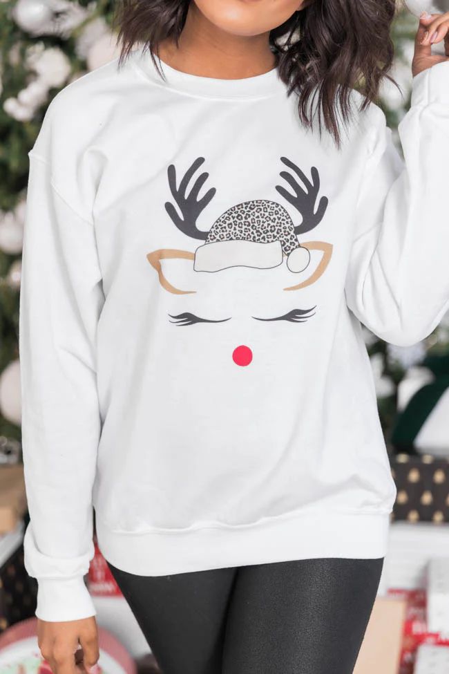 Leopard Print Reindeer Lady White Graphic Sweatshirt | The Pink Lily Boutique