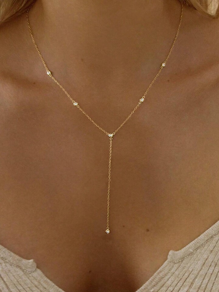 Lariat Necklace For Women, Dainty Layered Gold Long Necklaces 14k Gold Plated Beaded Bar CZ Drop | SHEIN