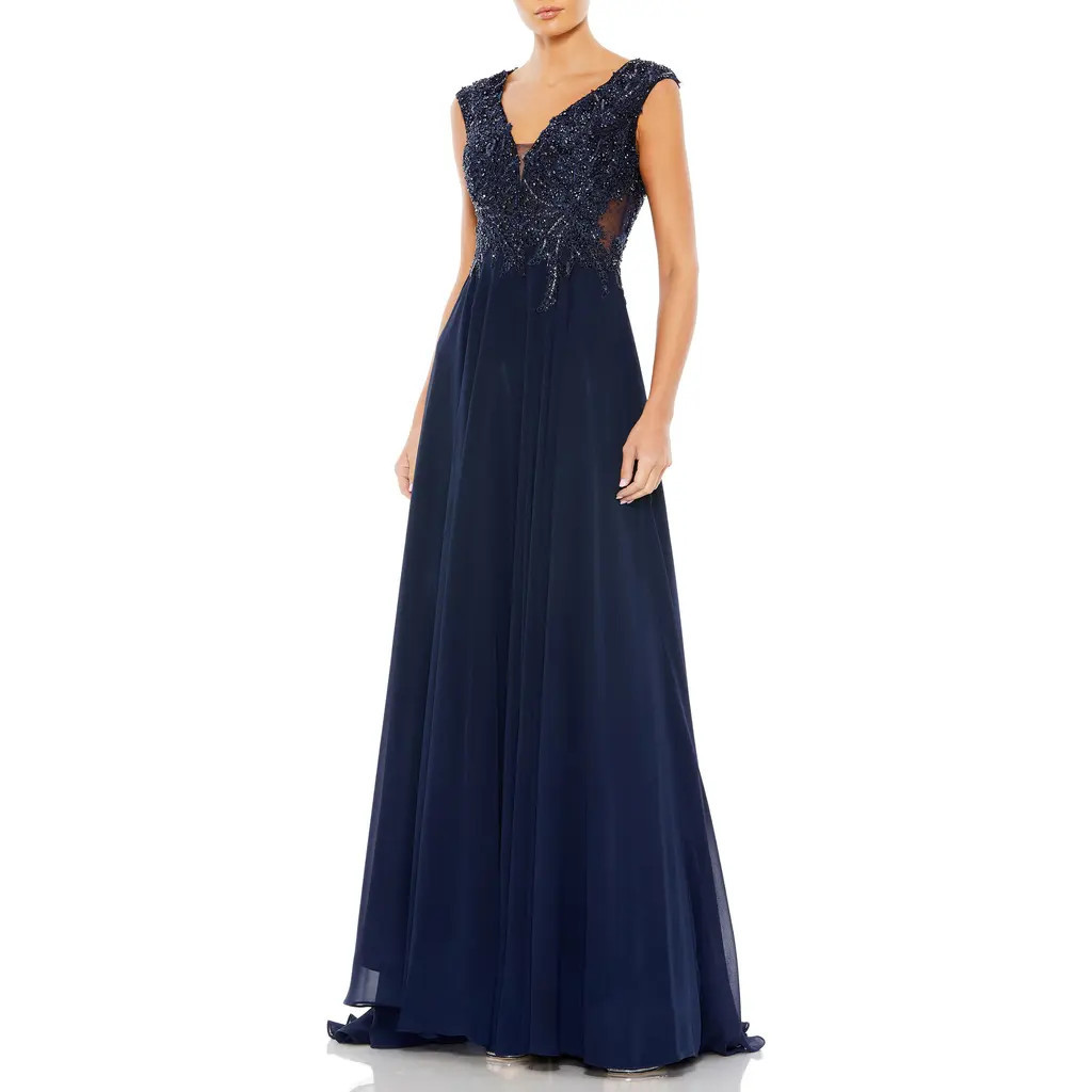 Mac Duggal Applique And Jeweled Encrusted Cap Sleeve Chiffon Gown in Navy at Nordstrom, Size 4 | Nordstrom