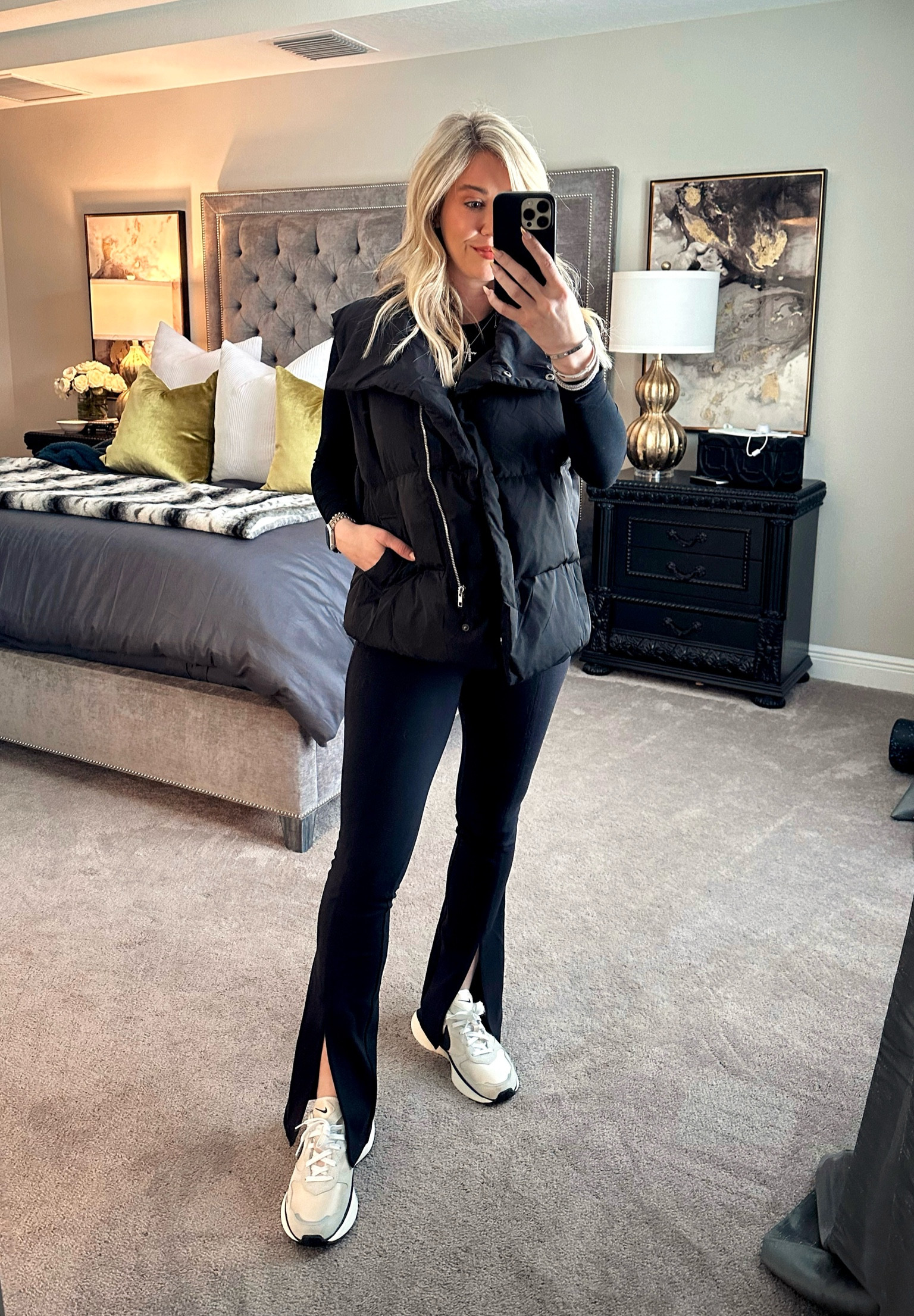 Casual look- split hem flare leggings and puffer vest. 

Leggings- 7/8 length in medium
Vest- sized up to large for oversized fit