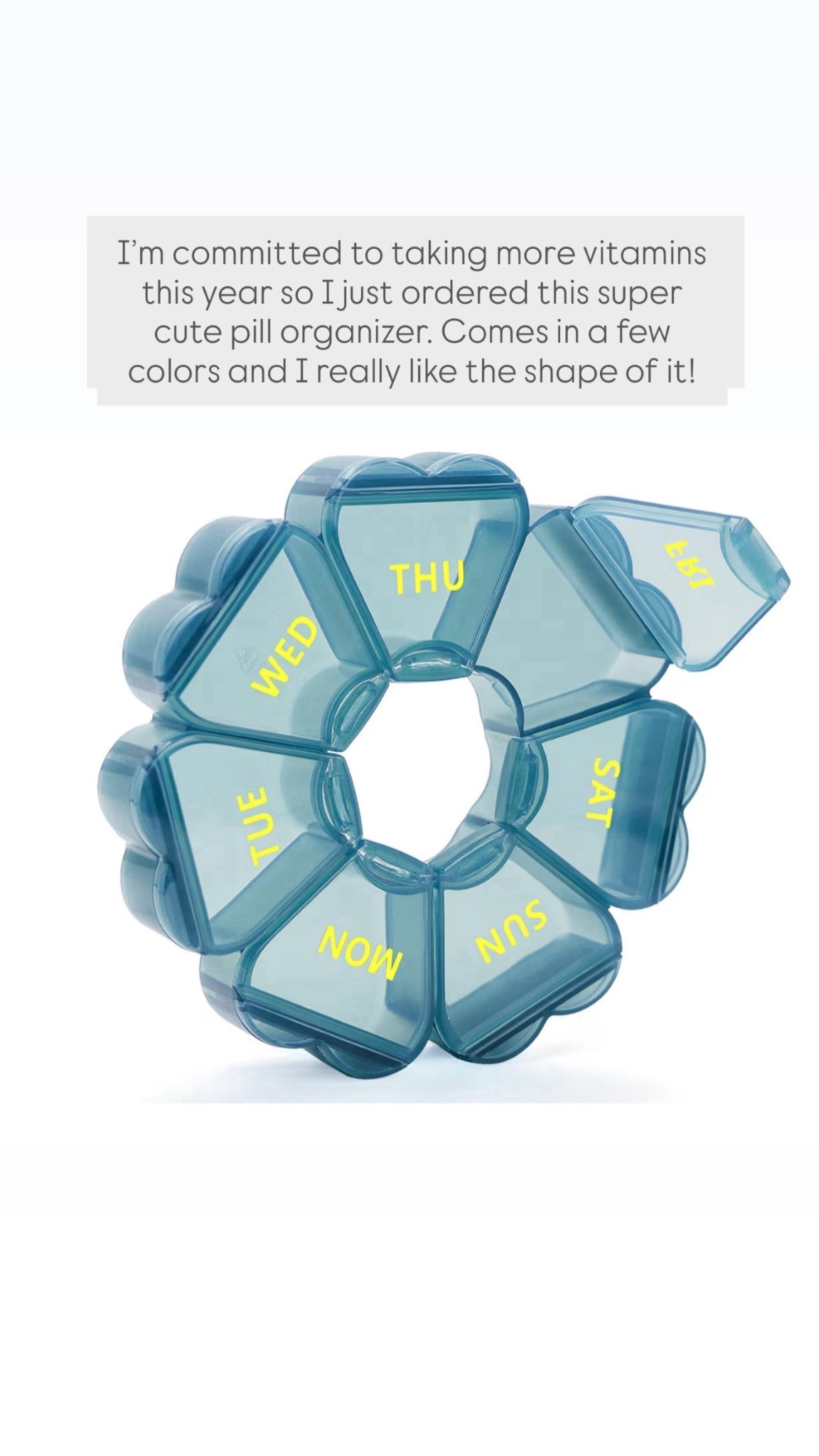 I’m committed to taking more vitamins this year so I just ordered this super cute pill organizer. Comes in a few colors and I really like the shape of it!

#LTKFindsUnder50 #LTKmorningroutine #LTKselfcare
