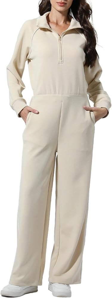 FASHIONSPARK Women's Jumpsuits Long Sleeve Casual Jumpsuit Half Zip Wide Leg Pants Romper Mock Ne... | Amazon (US)