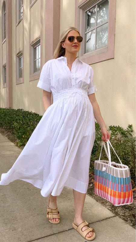 White cotton midi smocked waist shirt dress. Ordered two sizes up to fit the bump - size 8. Raffia slides, true to size from j.Crew. Lightweight, aviators, and striped tote bag from The Lilley Line, linked similar. Dress needs a slip. 

#LTKSpringSale #LTKsalealert #LTKSeasonal