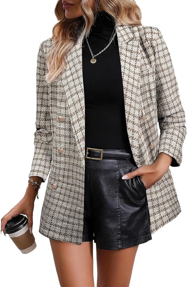 Happy Sailed Womens Plaid Tweed Blazers Dressy Casual Long Sleeve Double Breasted Open Front Blaz... | Amazon (US)