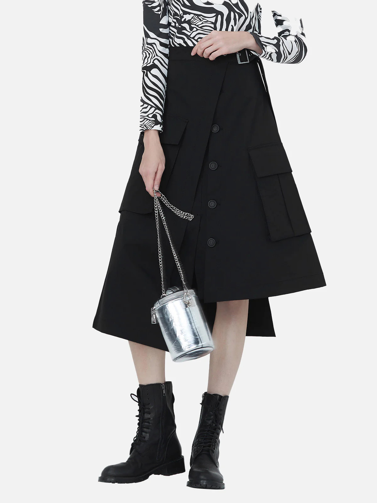 Irregular Patch Pocket Stitching Pure Black Skirt | SDEER