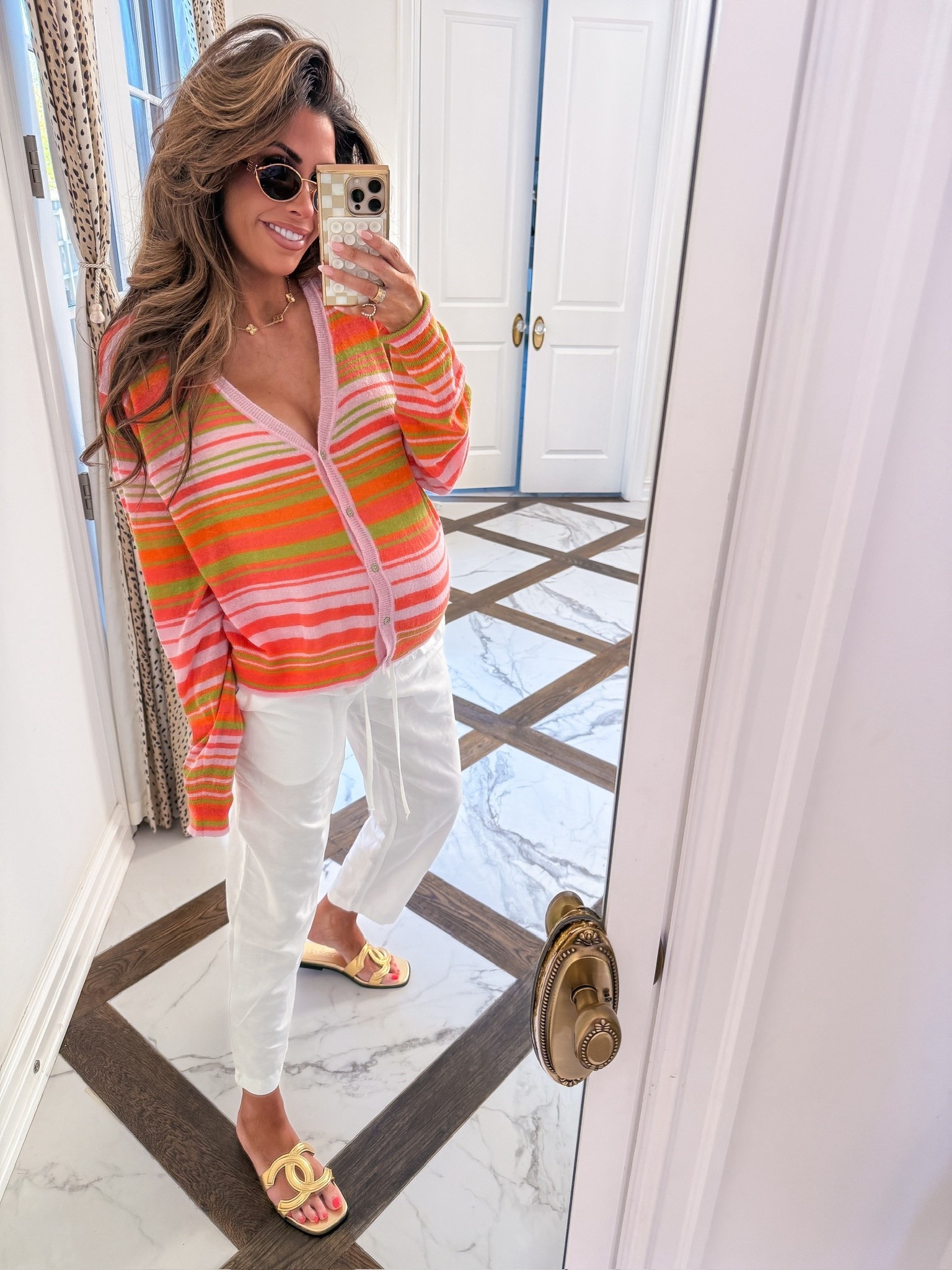 Wearing a size large in sweater and size small in pants! 

Spring outfits, Spring outfits 2026, Spring fashion, Sweater, White linen pants, Linen pants, Maternity linen pants, Chanel sandals, Gold sandals, Emily Ann Gemma 

#LTKootd #LTKSeasonal #LTKmomlife