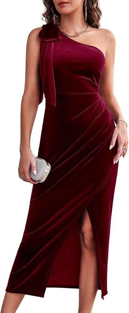 Wenrine Women's One Shoulder Velvet Dresses Slim Fitted Slit Faux Wrap Sexy Bodycon Evening Dress | Amazon (US)