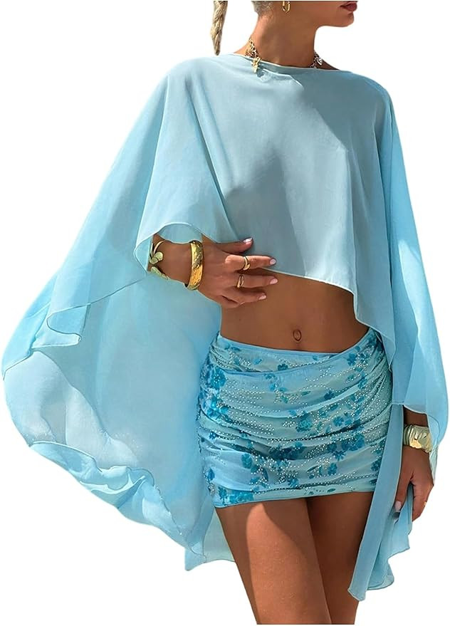 Floerns Women's Sheer Mesh Shawl Wraps High Low Ruffle Hem Beach Cover Up Poncho Tops | Amazon (US)