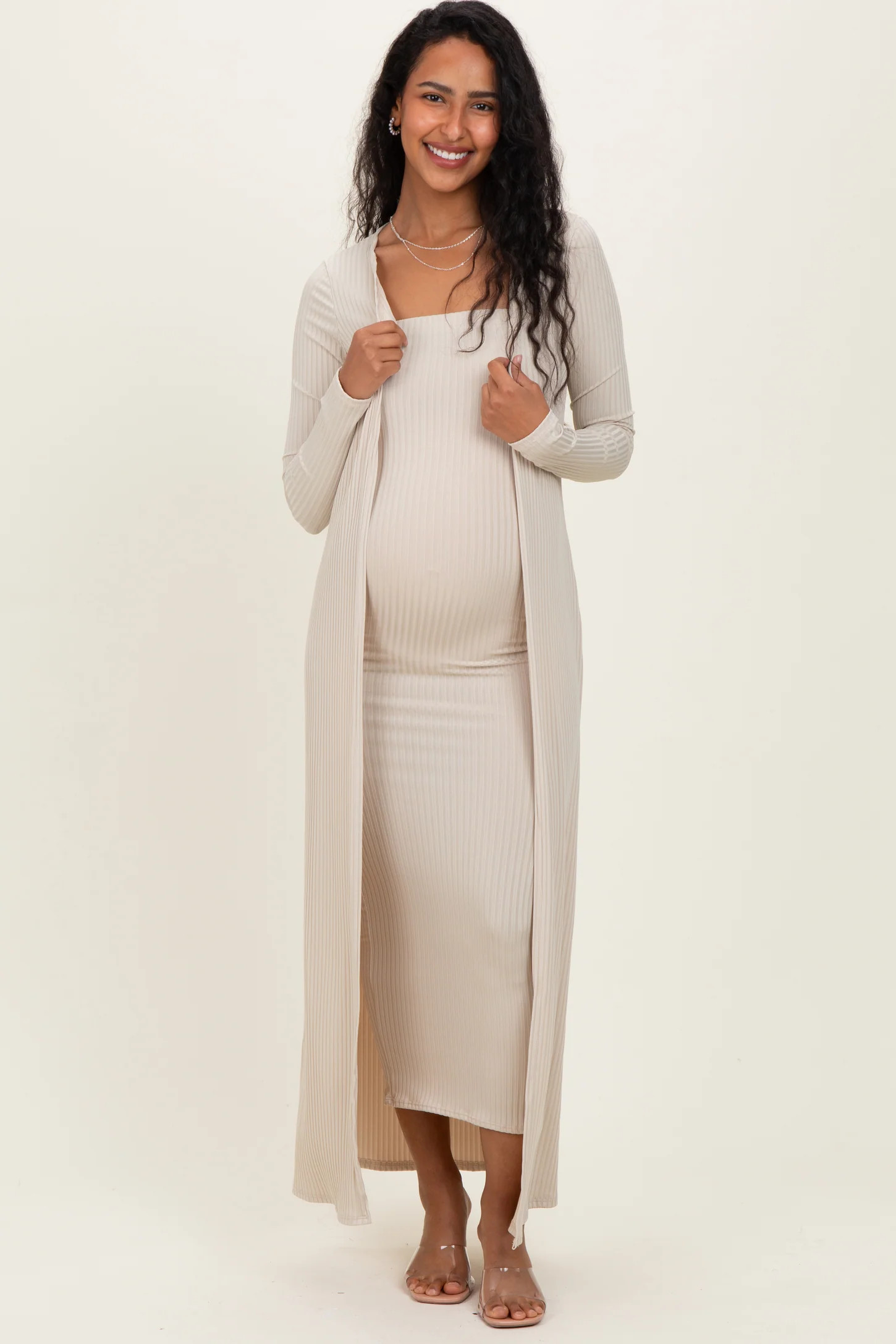 Light Blue Ribbed Sleeveless Dress Cardigan Maternity Set | PinkBlush Maternity