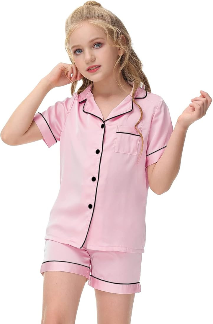 Veseacky Unisex Satin Pajamas Set Boys Girls Silk Pjs Short Sleeve 2 Piece Sleepwear Button-Down ... | Amazon (US)