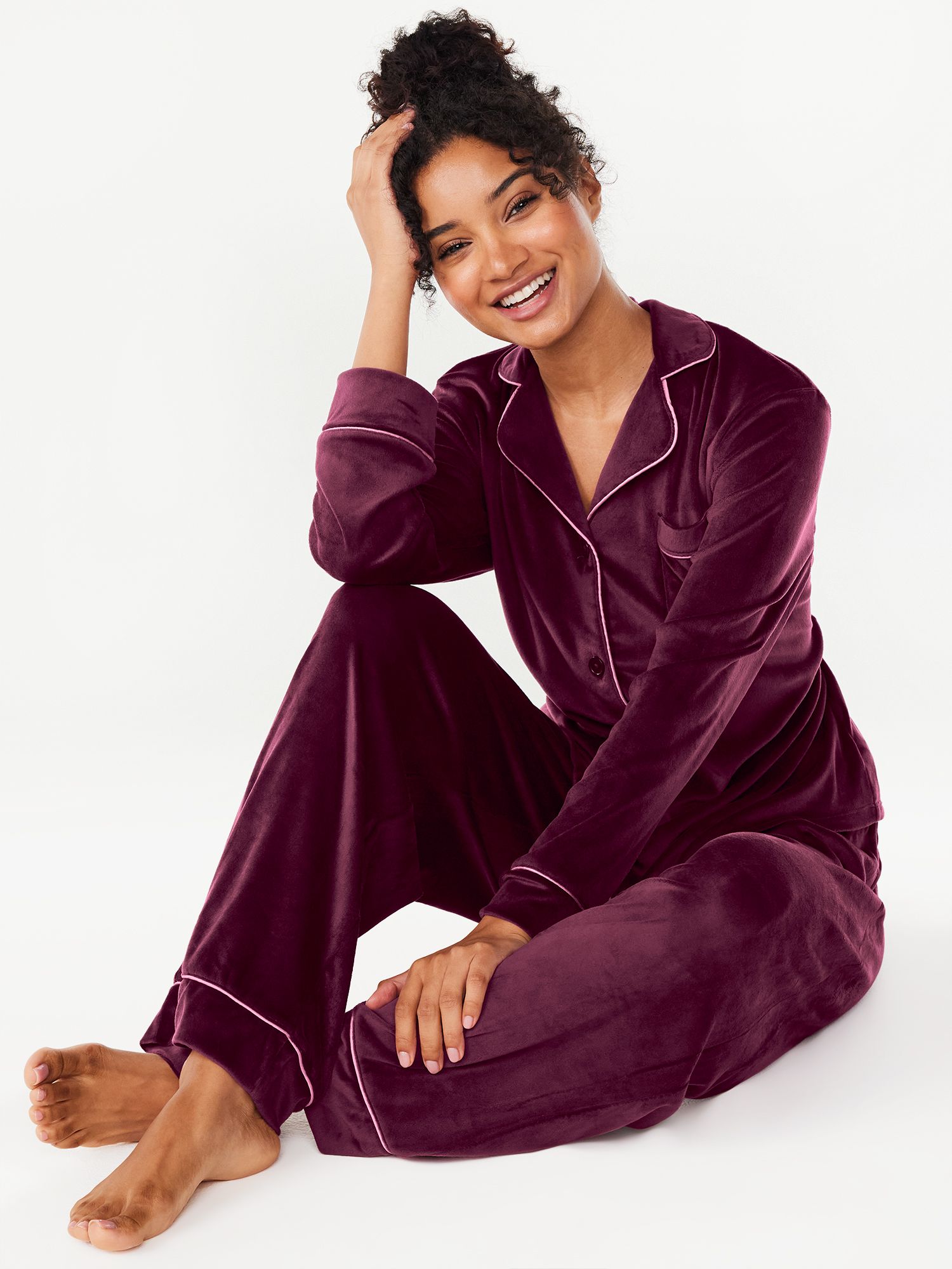 Joyspun Women’s Stretch Velour Notch Collar Top with Pants, 2-Piece Pajama Set, Sizes S to 3X | Walmart (US)